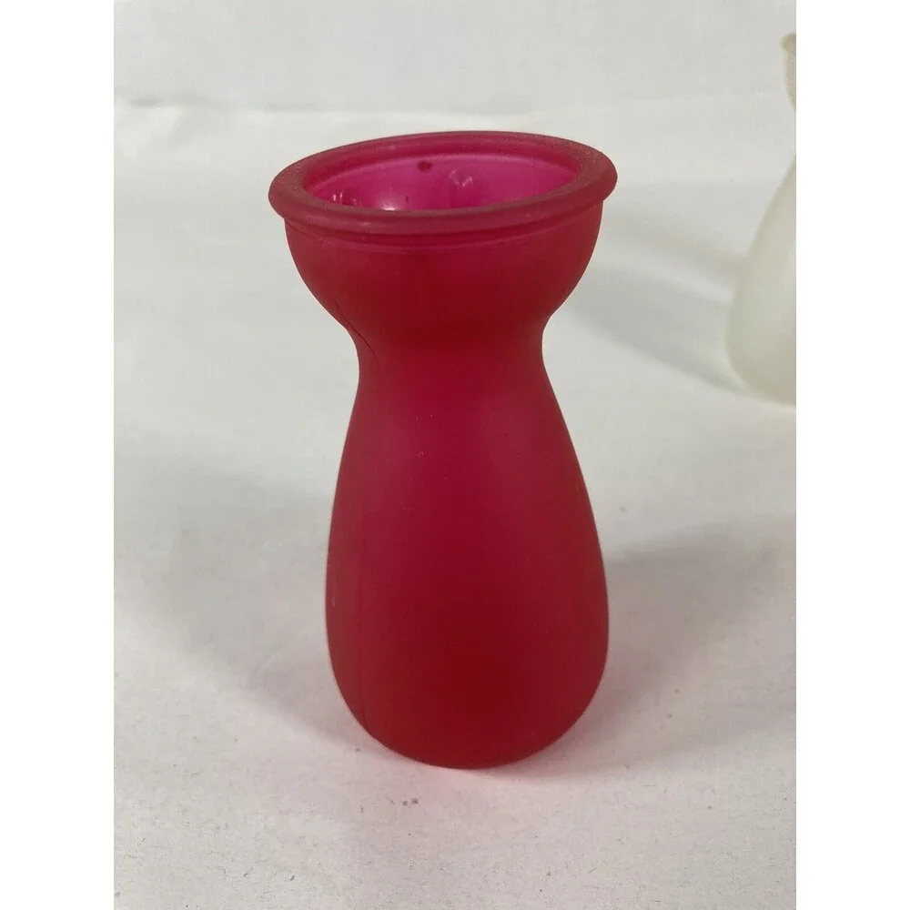 3 Bud Vases Red Pink, Frosted White Brilliant Green 4” Tall Cottagecore